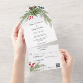 Weihnachtskiefer und -berries mit QR-Code All In One Einladung (Abreißen)
