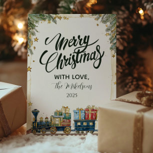 Weihnachtskiefer und Geschenkezug Feiertagskarte