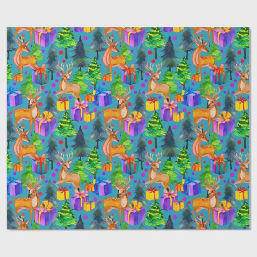 Weihnachtskiefer und Hirsche Geschenkpapier (Flach)