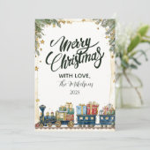 Weihnachtskiefer und Präsenzzug Feiertagskarte (Stehend Vorderseite)