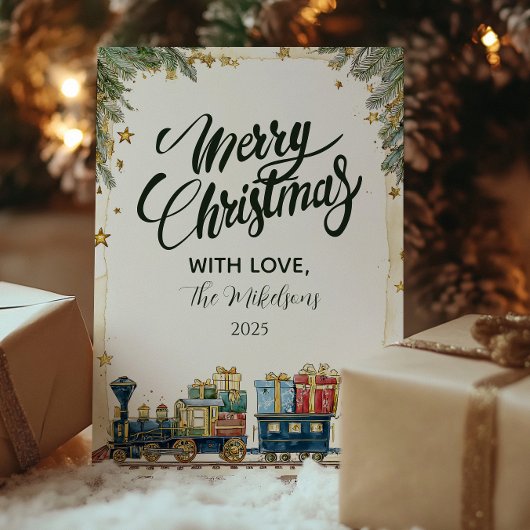 Weihnachtskiefer und Präsenzzug Feiertagskarte