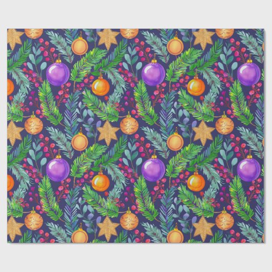 Weihnachtskiefer und -schmuck lila Muster Geschenkpapier (Flach)