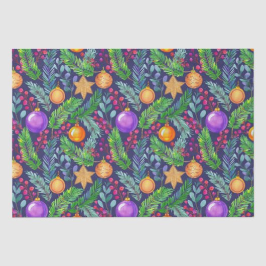 Weihnachtskiefer und -schmuck lila Muster Seidenpapier (Vorderseite)