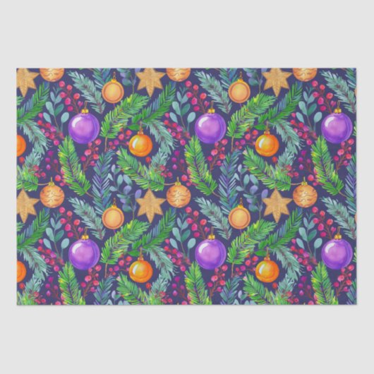 Weihnachtskiefer und -schmuck lila Muster Seidenpapier (Vorderseite)