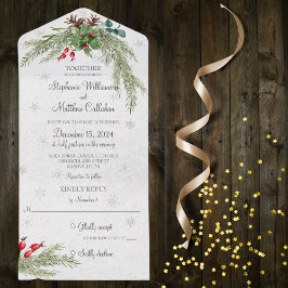 Weihnachtskiefer und Schneeflocken All In One Einladung