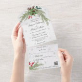 Weihnachtskiefer und Schneeflocken mit QR-Code All In One Einladung (Abreißen)
