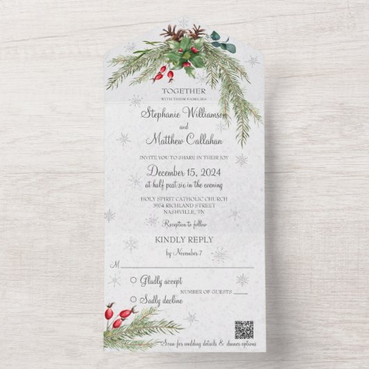 Weihnachtskiefer und Schneeflocken mit QR-Code All In One Einladung (Innen Boden)
