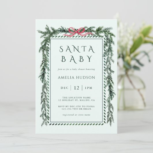 Weihnachtskiefergarland Santa Baby Dusche Minze Bl Einladung (Stehend Vorderseite)