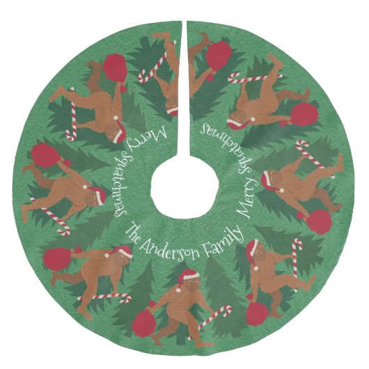 Weihnachtskiefern fröhliches Squatchmas Sankt Polyester Weihnachtsbaumdecke (Vorderseite)