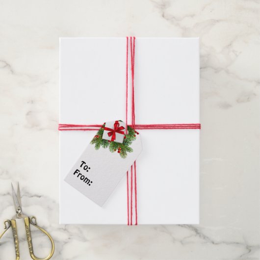 Weihnachtskiefern mit weißem, heute rotem Band Geschenkanhänger (Mit Garn)