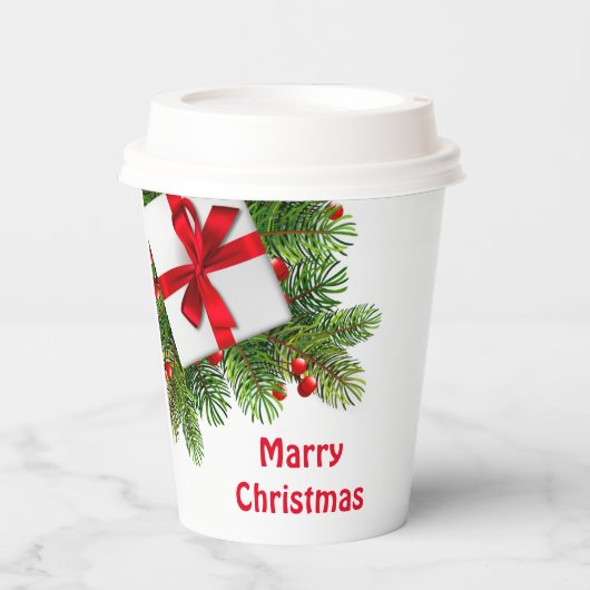 Weihnachtskiefern mit weißem Prädikat Rot Pappbecher (Vorderseite)