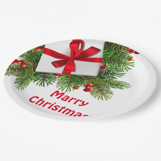 Weihnachtskiefern mit weißem Prädikat Rot Pappteller (Schrägansicht)