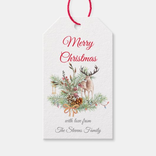 Weihnachtskiefern und Kiefernkiefern mit Reh Geschenkanhänger (Vorderseite)