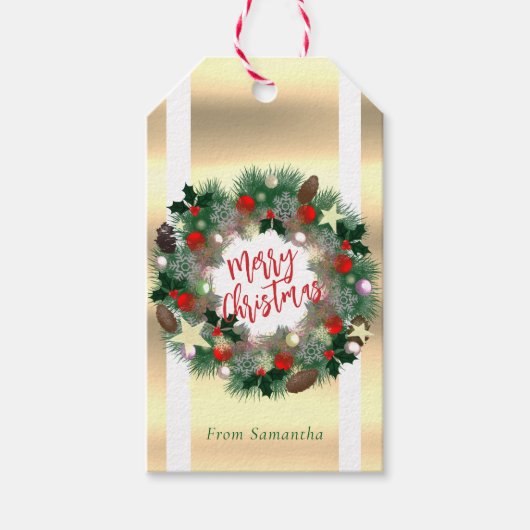 Weihnachtskiefernkegel, Sterne, rote Baubles Geschenkanhänger (Vorderseite)