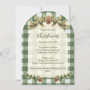Weihnachtskiefernzapfen Zweige Grün Gingham Bogen Einladung