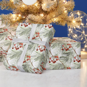 Weihnachtskiefernzweige und rote Beeren Geschenkpapier