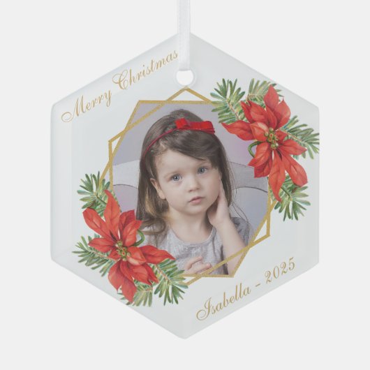 Weihnachtskind Foto Poinsettia Pine Gold Script Ornament Aus Glas (Vorderseite)
