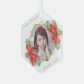 Weihnachtskind Foto Poinsettia Pine Gold Script Ornament Aus Glas (Vorderseite Links)