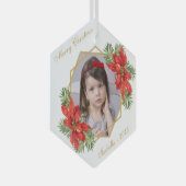 Weihnachtskind Foto Poinsettia Pine Gold Script Ornament Aus Glas (Vorderseite Rechts)