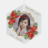Weihnachtskind Foto Poinsettia Pine Gold Script Ornament Aus Glas (Rückseite)
