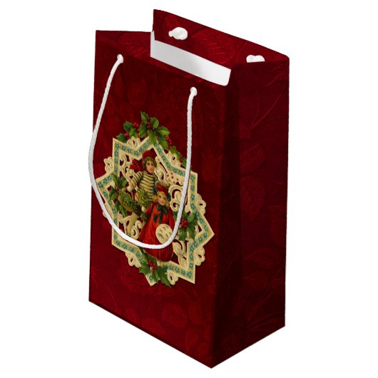 Weihnachtskinder auf Red Damask Kleine Geschenktüte (Rückseite Schrägansicht)