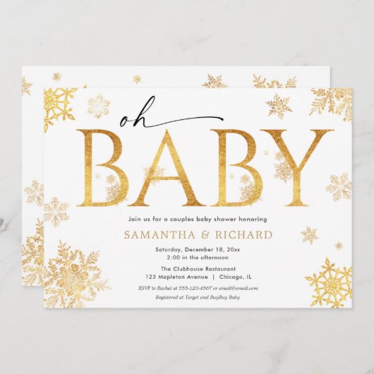 Weihnachtskinder duschen goldene Schneeflocken Einladung (Vorne/Hinten)