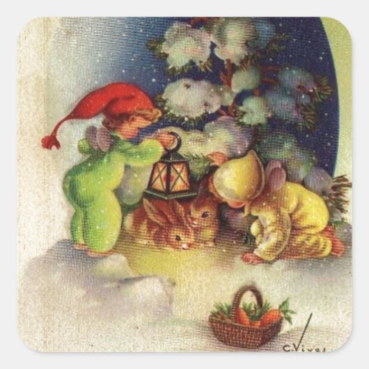 Weihnachtskinder Fütternd Bunnies Quadratischer Aufkleber (Vorderseite)