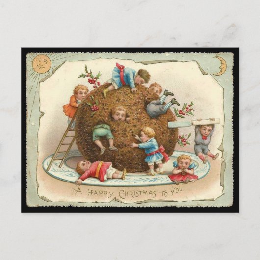 Weihnachtskinder in riesigem Pudding Feiertagspostkarte (Vorderseite)
