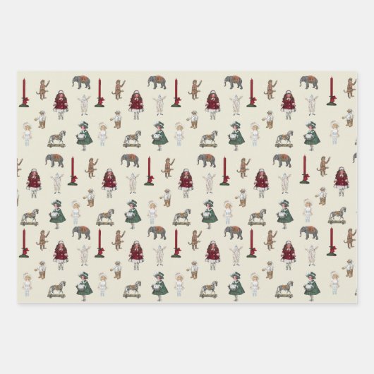 Weihnachtskinder und Spielzeuge Rot Grün Weiß Geschenkpapier Set (Vorderseite 3)