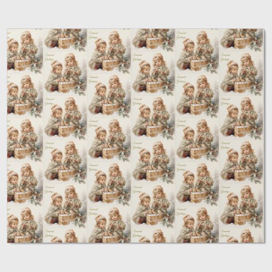 Weihnachtskinder Vintager Natur mit Vögeln Geschenkpapier (Flach)