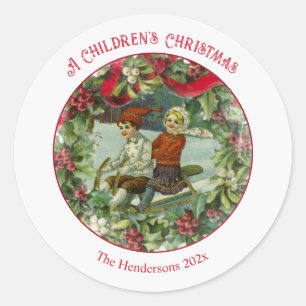 Weihnachtskinder Vintager Rundaufkleber Runder Aufkleber