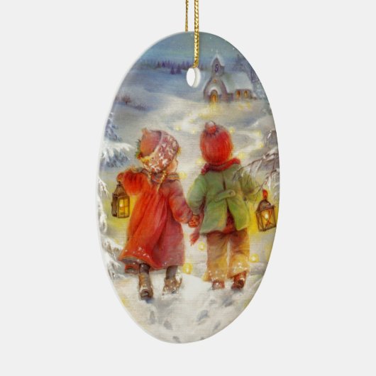 Weihnachtskinder wandern im Schnee Keramik Ornament (Rechts)
