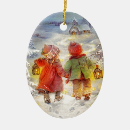 Weihnachtskinder wandern im Schnee Keramik Ornament (Vorne)