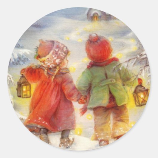 Weihnachtskinder wandern im Schnee Runder Aufkleber (Vorderseite)