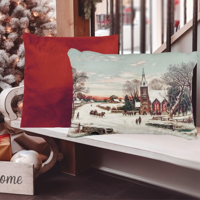 Weihnachtskirche im Schnee Dekokissen (Vintage Christmas Eve Church in Snow Accent Pillow)