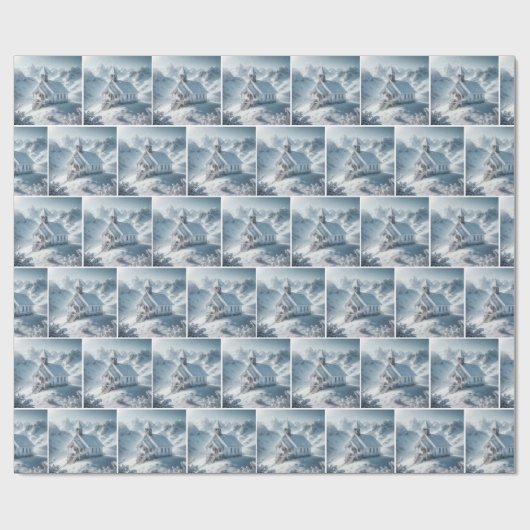 Weihnachtskirche in den Bergen Geschenkpapier (Flach)