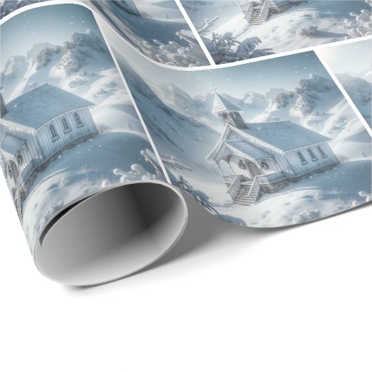 Weihnachtskirche in den Bergen Geschenkpapier (Rolleneckpunkt)