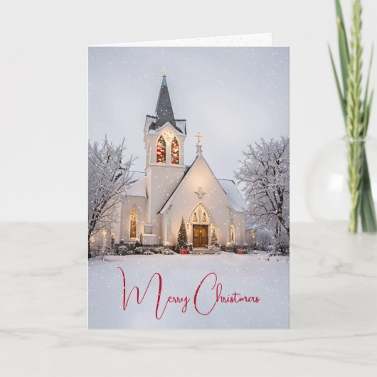 Weihnachtskirche in Schneeflocken Feiertagskarte (Vorderseite)