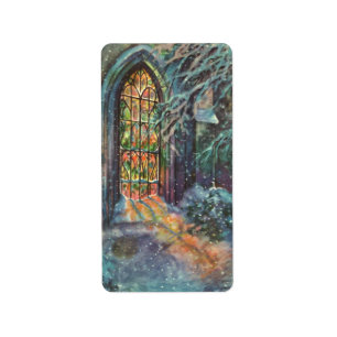 Weihnachtskirche mit festgeklemmtem Glasfenster Adressaufkleber