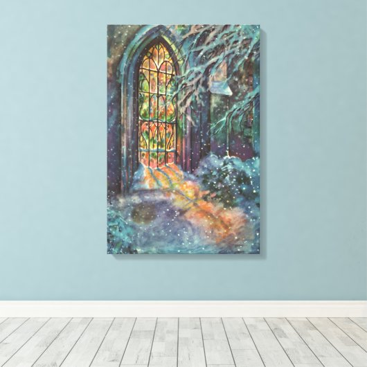 Weihnachtskirche mit festgeklemmtem Glasfenster Leinwanddruck (Insitu (Holzboden))