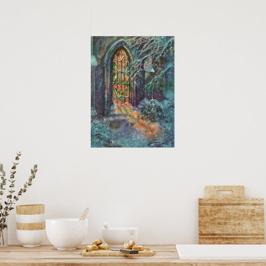 Weihnachtskirche mit festgeklemmtem Glasfenster Poster (Küche)