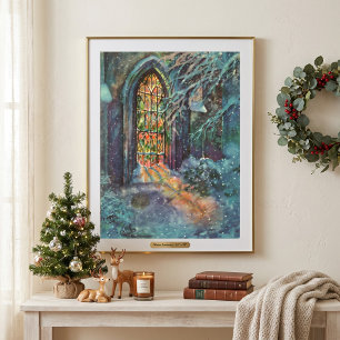 Weihnachtskirche mit festgeklemmtem Glasfenster Poster