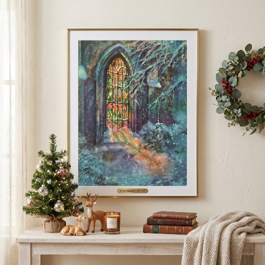 Weihnachtskirche mit festgeklemmtem Glasfenster Poster