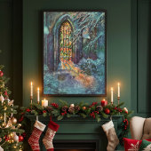 Weihnachtskirche mit festgeklemmtem Glasfenster Poster