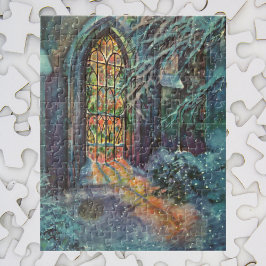 Weihnachtskirche mit festgeklemmtem Glasfenster Puzzle