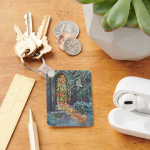 Weihnachtskirche mit festgeklemmtem Glasfenster Schlüsselanhänger