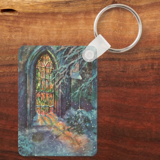 Weihnachtskirche mit festgeklemmtem Glasfenster Schlüsselanhänger (Rückseite)