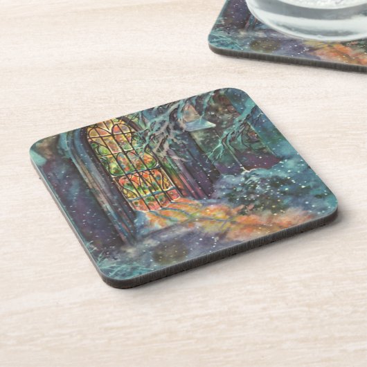 Weihnachtskirche mit festgeklemmtem Glasfenster Untersetzer (Linke Seite)