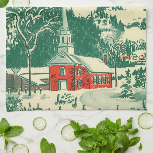 Weihnachtskirche, Schnee im Winter Geschirrtuch (Gefaltet)