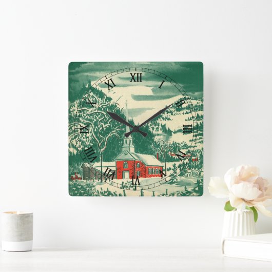 Weihnachtskirche, Schnee im Winter Quadratische Wanduhr (Zuhause)